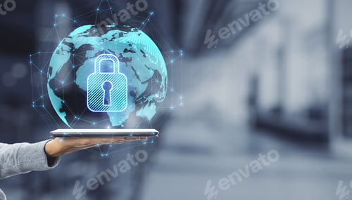Preview: Close Up Of Hand Holding Smartphone With Abstract Glowing Globe Hologram With Security Padlock Icon