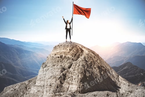 Preview: Happy Businesswoman With Red Flag Standing On Mountain Top. Success And Startup Concept. Leadership