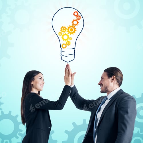 Preview: Attarctive Young European Businessman And Woman Giving Hi-Fives With Creative Cogwheel Light Bulb