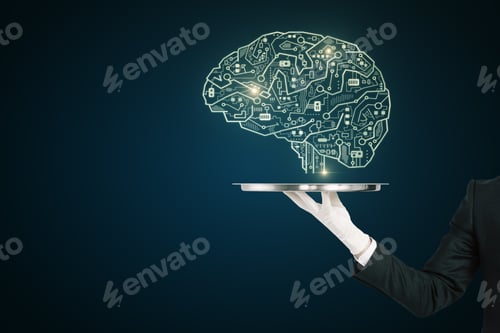 Preview: Hand With Creative Circuit Brain On Blue Background. Artificial Intelligence And Engineering