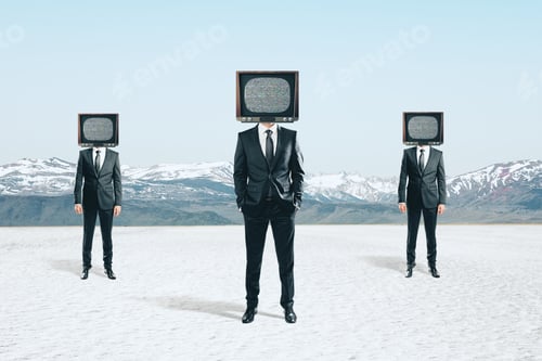 Preview: Tv Headed Businessmen Standing On Abstract Landscape Background. Brainwash And Manipulation Concept