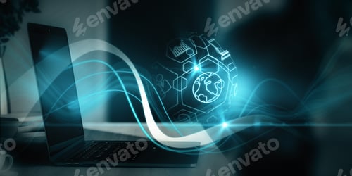 Preview: Close Up Of Workplace With Notebook Computer And Creative Blue Spherical Business Interface On