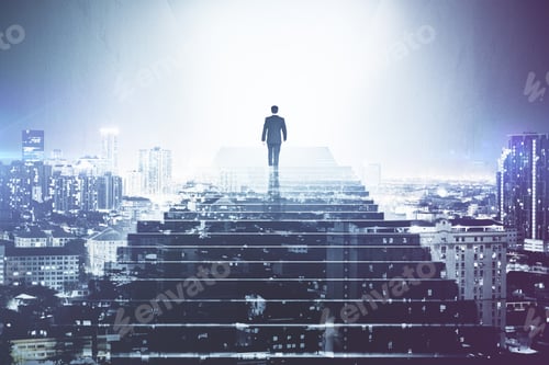 Preview: Back View Of Businessman Climbing Stairs On Abstract Night City Background. Growth Concept. Double