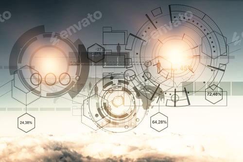 Preview: Abstract Digital Business Chart Hologram On Sky Background With Clouds. Technology, Innovation And