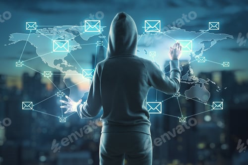 Preview: Unrecognizable Hacker Using Abstract Padlock Social Network Interface On Blurry Night City