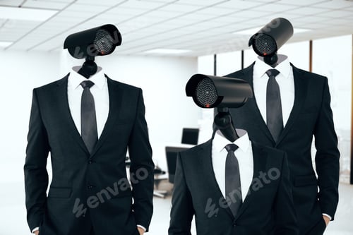 Preview: Three Businesspeople In Suits With Cctv Cameras Instead Of Heads On Office Background