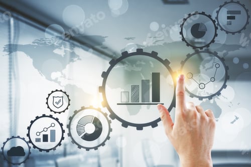 Preview: Businessman Pointing At Creative Business Interface On Blurry Office Interior Background