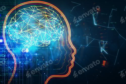 Preview: Robot Head And Digital Brain Hologram On Futuristic Html Background. Ai And Coding Concept. 3D