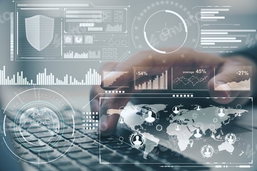 Preview: Global Business Concept With Digital Screen With Diagram, Graphs And Data Analysis And Man Typing