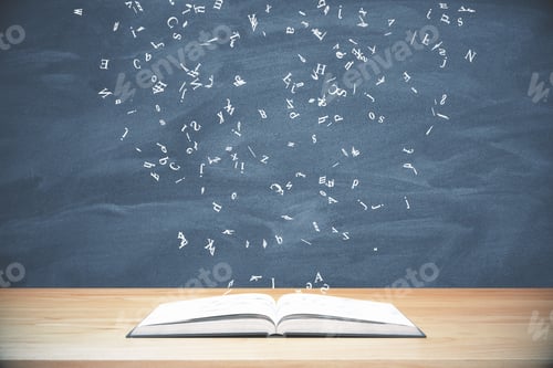 Preview: Flying Letters From The Opened Book On Wooden Table At Blackboard Background