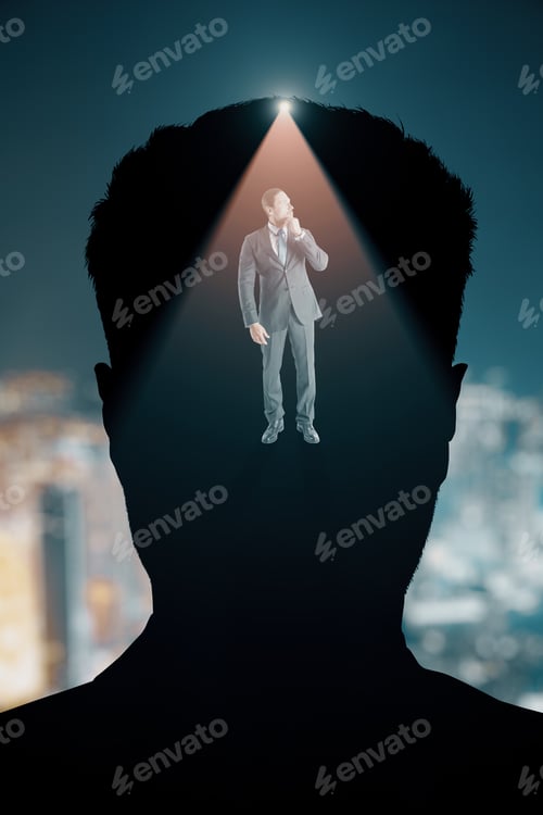 Preview: Abstract Portrait Silhouette And Thoughtful Businessman On Blurry Night City Background. Thoughts
