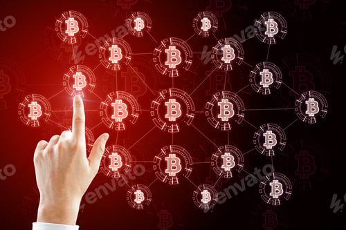 Preview: E-Business And Cryptocurrency Concept. Hand Using Lowing Red Bitcoin Interface In Blurry Dark