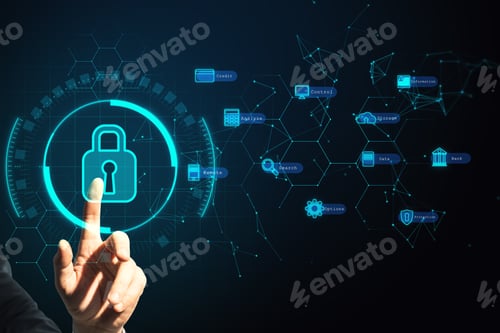 Preview: Close Up Of Hand Pointing At Creative Digital Padlock Interface On Blurry Dark Background. Safety