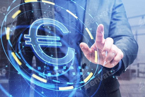 Preview: Businessman Hand Pointing At Glowing Round Euro Sign Hologram In Blurry Office Interior. Investment