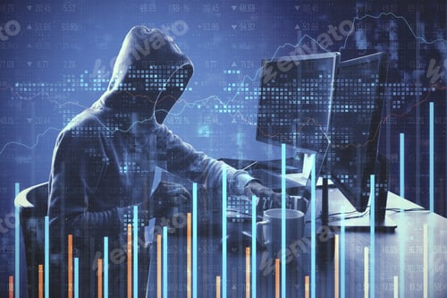 Preview: Side View Of Hacker At Desktop Using Computer With Forex Chart On Blue Background. Trade And