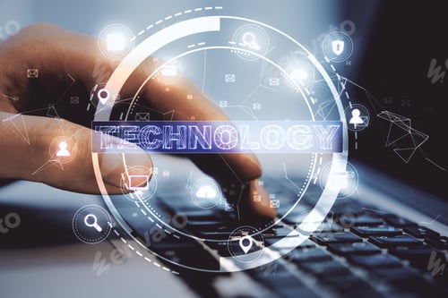 Preview: Hand Working With Cloud Computing Diagram. Technology And Communication Concept.