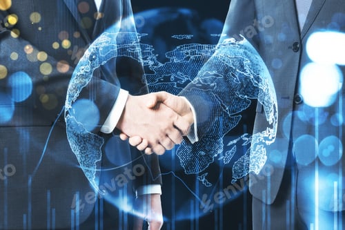 Preview: Two Businessman Shake Hands At Earth Background And Glowing Stock Chart.