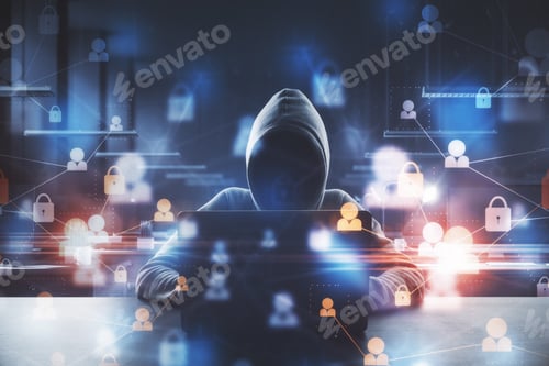 Preview: Hacker Using Laptop With Abstract Padlock Network Hologram On Blue Background. Protection And