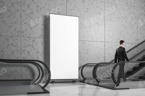 Preview: Train Station Interior With Businessman Climbing Escalator And Empty Poster On Concrete Wall. Mock