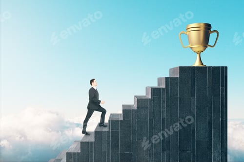 Preview: Side View Of Young Businessman Climbing Stairs To Award On Sky Background. Winner And Leadership