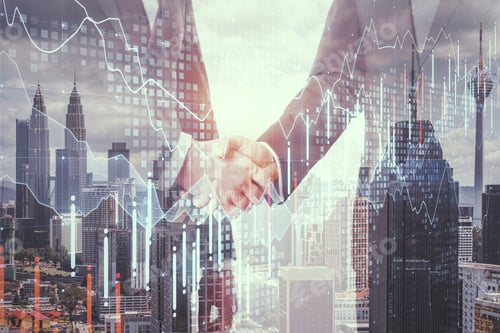Preview: Businessmen Shaking Hands On Abstract Kuala Lumpur City Background With Forex Chart. Teamwork And