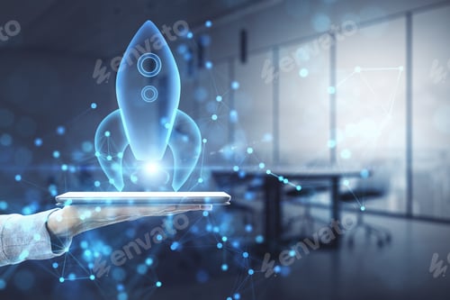 Preview: Close Up Of Female Hand Holding Phone With Abstract Glowing Blue Rocket Space Ship On Blurry Office