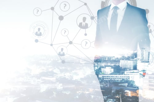 Preview: Young Businessman On Abstract City Background With Network. Recruitment Concept. Double Exposure