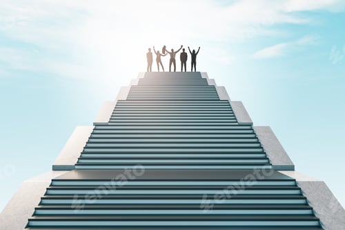 Preview: Cheerful Businesspeople Standing On Top Of Staircase On Bright Sky Background. Success, Teamwork