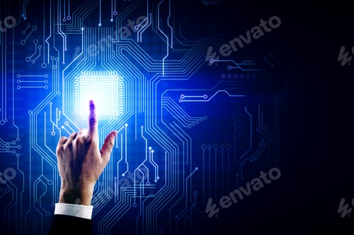 Preview: Hand Pointing At Creative Circuit Background With Chip. Ai And Innovate Concept