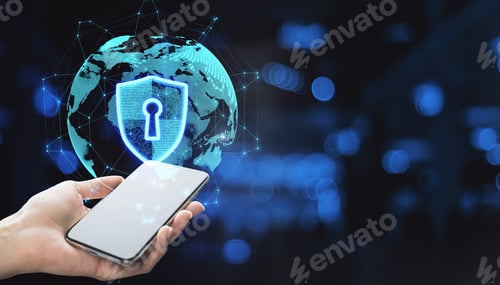 Preview: Close Up Of Hand Holding Smartphone Device With Abstract Glowing Globe Hologram With Security