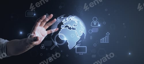 Preview: Hand Holding Abstract Digital Globe Interface On Dark Blue Wide Image. Digital Network And Global
