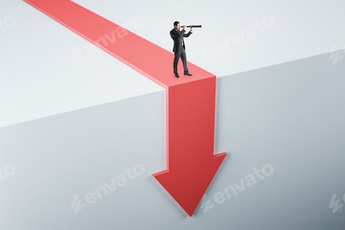 Preview: Attractive Young European Businessman With Telescope Standing On Abstract Red Arrow Falling Down