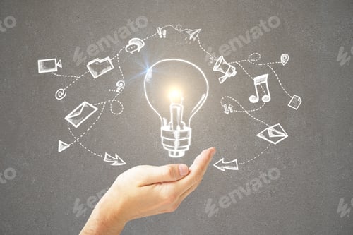 Preview: Hand Holding Glowing Lamp Sketch On Concrete Background. Idea And Media Concept