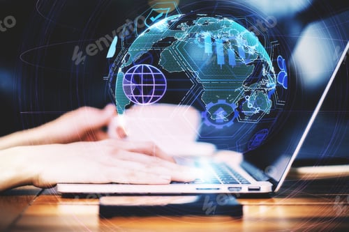Preview: Close Up And Side View Of Hands Using Laptop With Digital Globe Interface On Blurry Background