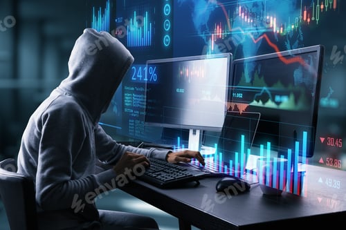Preview: Hacker In Hoodie Using Computers At Desktop With Glowing Forex Chart Trading Interface On Blurry