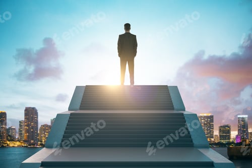 Preview: Back View Of Young European Business Man Standing On Top Of Stairs On Bright City Background With
