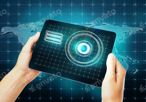 Preview: Hands Holding Tablet With Abstract Digital Button On Map Background. Technology Concept