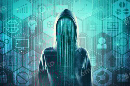Preview: Hacker On Abstract Concrete Blue Interface Background With Digital Business Icons. Hacking And