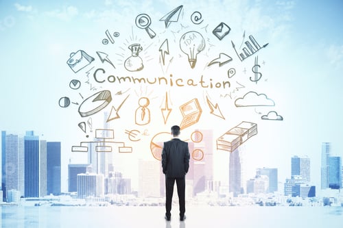 Preview: Businessman And Drawing Communication Business Sketch On City Background. Communication And
