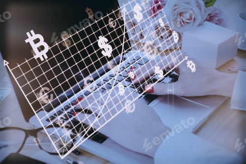 Preview: Close Up Of Female Hands At Desk Using Laptop With Abstract Glowing Money Mesh On Blurry
