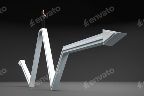 Preview: Businesswoman Standing On Abstract Gray Arrow On Gray Background. Growth, Leadership And