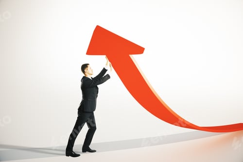 Preview: Success Concept With Businessman Upholding Red Arrow On Light Grey Background