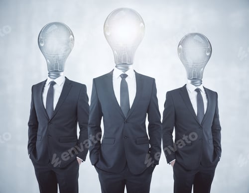 Preview: Glowing Lamp Headed Businessmen On Concrete Background. Inovation Concept