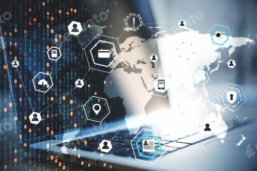 Preview: Modern Workplace With Remote Work Interface. Remote Access Chain Concept. Close Up. Double Exposure