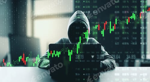 Preview: Business Security Concept With Digital Trading Screen With Graphs And Hacker With Laptop.Double