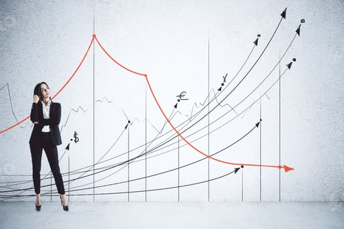 Preview: Businesswoman And Drawing Business Charts On Wall. Success And Startup Concept.