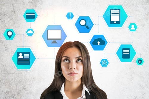 Preview: Businesswoman Thinking And Drawing Cloud Computing Diagram On Wall. Business And Technology Concept.