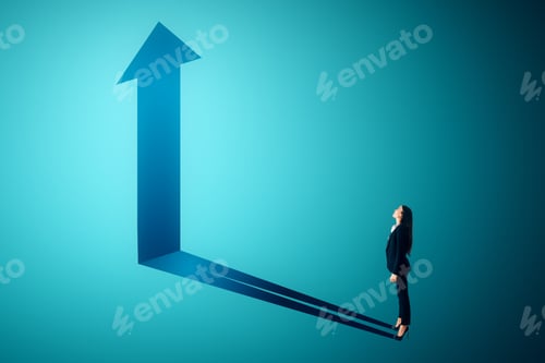 Preview: Thoughtful Young Businesswoman With Arrow Shadow On Blue Background. Growth And Success Concept