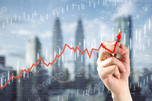 Preview: Hand Drawing Upward Red Arrow On Blurry City Background. Increase, Growth And Economy Concept