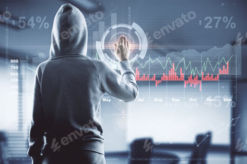 Preview: Back View Of Hacker Touching Digital Sensor Screne With Business Chart Graphs.